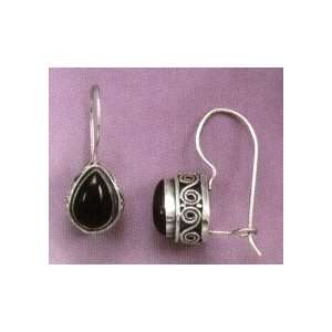   Design Wire Earrings w/6x8mm Black Onyx, Scroll Side Design, 7/16 inch