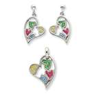 goldia Sterling Silver Multi color Crystal Heart Earrings and Pendent 