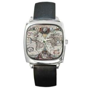 Ancient World Map Square Leather Band Watch  