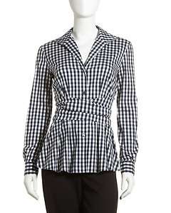Lafayette 148 New York Gingham Pleated Sweep Blouse  