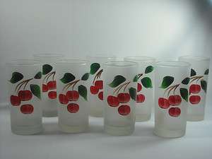   CONCEPT 3 HAND PAINTED CHERRIES FROSTED GLASSES TUMBLERS set of 8 EXC