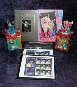 Lot 8 Pieces Elvis Presley Collectibles; Books, Ornaments, Stamps 