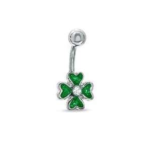014 Gauge Green Enamel Shamrock Belly Button Ring with Crystals in 