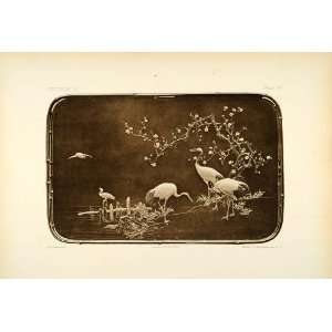  1884 Japanese Metal Tray Crane Ducks Ume Heliogravure 