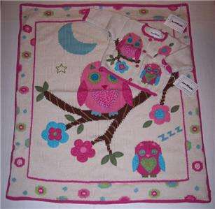   Stroller Crib Blanket Knit Girls Owl Hoot Hoot Pink Lined New  