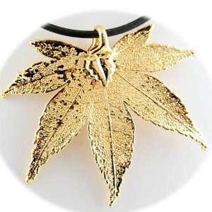  Gold Plated Japanese Maple Real Leaf Rubber Cord Necklace 