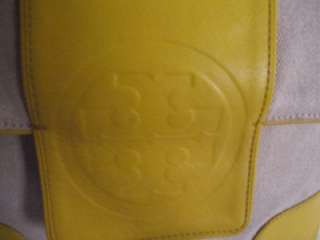 TORY BURCH CREAM CANVAS YELLOW LOGO EMBOSSED LEATHER TRIM SHOULDER 