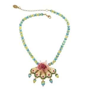 Michal Negrin Necklace with a Vintage Style Fan, Lace Flower, Green 