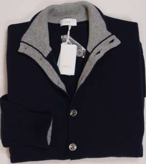 MALO SWEATER $1290 NAVY & GRAY 100%CASHMERE 9 BUTTON LOGO CARDIGAN MED 