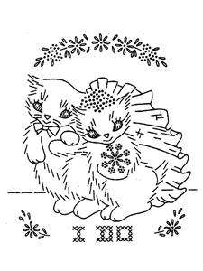 Embroidery Pattern 1950s Kittens in Love for Towels  