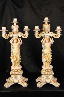Pair Dresden Porcelain Maiden Candelabras Candles  
