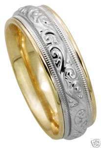 14K Two Tone Gold Paisley Carved Wedding Band Men Women  