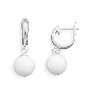   Silver .925 White Agate Hinged Hoops Bead Drop Dangle Earrings  