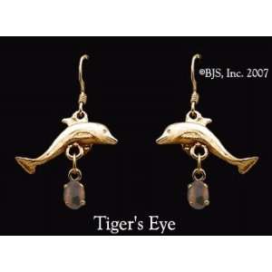 Dolphin Gemstone Earrings, 14k Yellow Gold, Tigers Eye set gemstone 