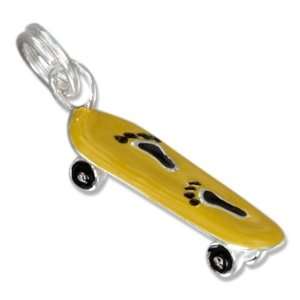   Silver Enamel 3d Yellow Skateboard Charm with Footprints Jewelry