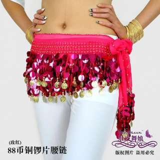 New Sequins &Coins Belly Dance Hip Scarf Belt Deep Pink  