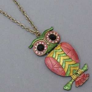  Womens Owl Necklace, 1 1/2 X 2 3/4, Green / Pink / Gold 
