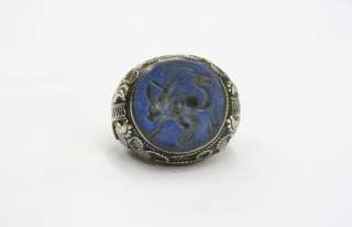 AFGHAN ANIMAL INTAGLIO LAPIS CORAL SILVER RING SIZE 11  