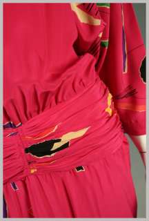 Vintage 80s FUCHSIA Hot Pink Silk AVANT GARDE Print Dress w RUCHED 