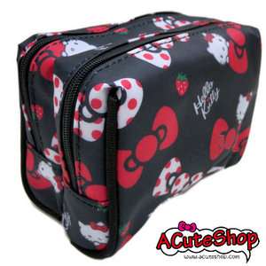 Hello Kitty Cosmetic Bag Double Zipper Pouch Dot Bow Black Sanrio 