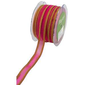 May Arts 5/8 Inch Wide Ribbon, Fuchsia Sheer with Parrot Green Striped 