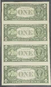 UNCUT SHEET OF 4 ONE DOLLAR BILLS 1985 FEDERAL NOTES UNCIRCULATED W 