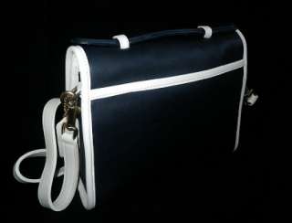   Vintage Classic Navy Blue White Leather Sm Messenger Court Brief Bag