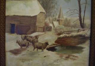 c1900 Antique Sheep snow Landscape Oil Painting Animal estate  