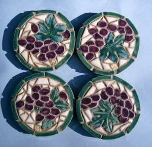 WINE GRAPE Mosaic Ceramic Tile Coasters / Trivet Set 4  