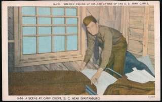 CAMP CROFT SC US Army Soldier Making Bed Vtg Spartanburg Postcard Old 