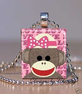 Girlie Pink Sock Monkey Scrabble Charm Pendant Necklace A2  