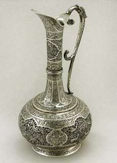 Chinese Persian Coin Silver Dragon Handle Ewer Medallion Spout Signed 
