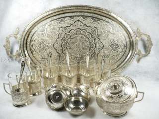 Islamic Handcrafted solid SILVER complete 28pc TEA SET Cup Holders 