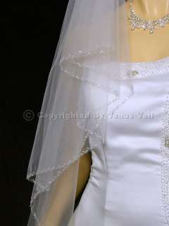 2T White Waltz Knee Length Beaded Edge Bridal Wedding Veil  