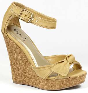 Beige Tan Knotted Bow Peep Toe Ankle Strap Wedge 8 us  