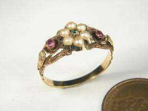 LOVELY ANTIQUE ENGLISH PEARL RUBY EMERALD RING c1840  