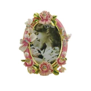   pink rose butterfly picture photo frame oval bejeweled enameled  