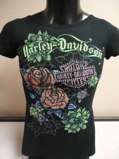 Womens Harley Davidson Floral Bling Black Tee Shirt. 302913670  