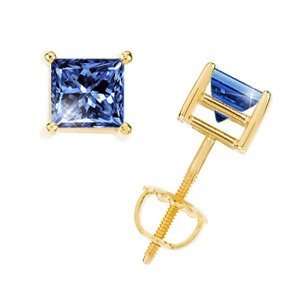 Princess Cut 14K Yellow Gold Stud Earrings with Blue Diamond 1/2 carat 