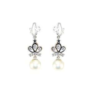   White Gold, Tiara Crown Dangling Drop Earring Created Pearls and Gems