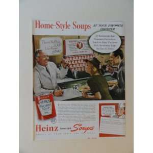 Heinz home style soups. Vintage 40s full page print ad. (man,woman 