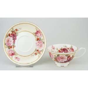  Peony Strawberry Tea Cup and Saucer   Set of 4 Kitchen 