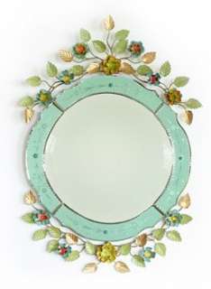 Colored Venetian Glass Mirror~Tole Flowered Crown~Unique Artisan 