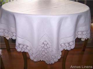 Antique Linen Tablecloth Flower Crochet Lace Border  