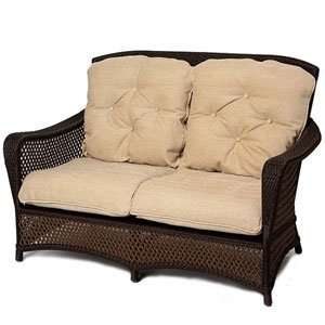   Caramel Finish Love Seat With Antique Beige Fabric