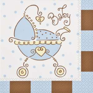 BABY SHOWER BLUE AND BROWN BOY CARRIAGE LUNCHEON NAPKIN  