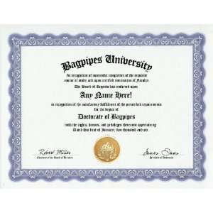  Bagpipes Degree Custom Gag Diploma Doctorate Certificate 