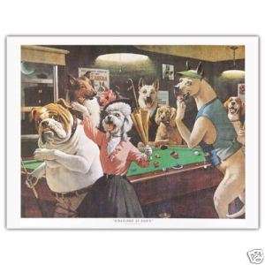 BILLIARDS PRINT SCRATCHED AT DAWN DOGS PLAYING POOL  