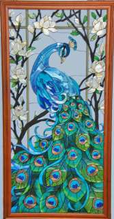 SPECTACULAR PEACOCK BEVELED STAINED GLASS TABLE PANEL  