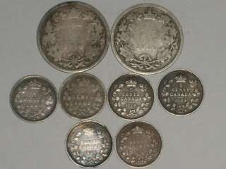 PRE 1920 CANADIAN COIN LOT 8 COINS TWO QUARTERS & SIX 5 CENT PIECES 